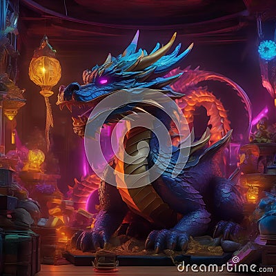 A neon-lit dragon guarding a treasure trove of digital artifacts2 Stock Photo