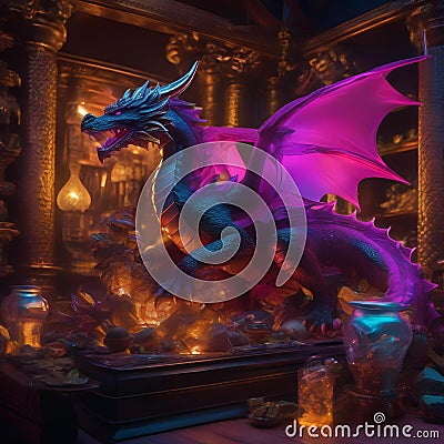 A neon-lit dragon guarding a treasure trove of digital riches3 Stock Photo