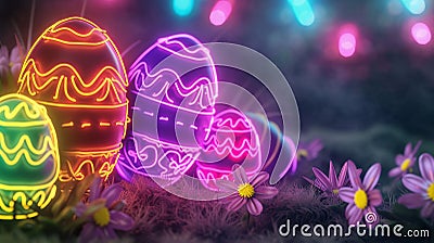 Neon-lit Easter eggs emit vibrant glow among spring flowers, casting a magical aura in a mystical garden setting. Stock Photo