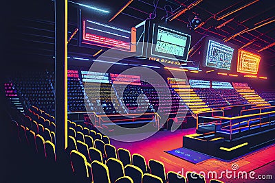A neon-lit sports arena or stadium with glowing seats and bright, colorful scoreboards, ai illustration Cartoon Illustration