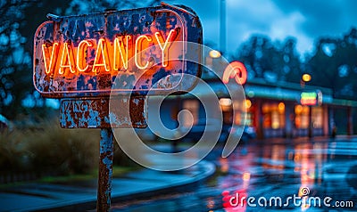 Neon-lit VACANCY sign in bold 3D letters on a reflective blue surface indicating available employment opportunities or Stock Photo