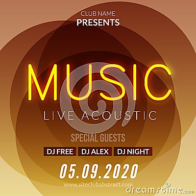 Neon Live Music Concert Acoustic Party Poster Background Template with neon text sign flyer Vector Illustration