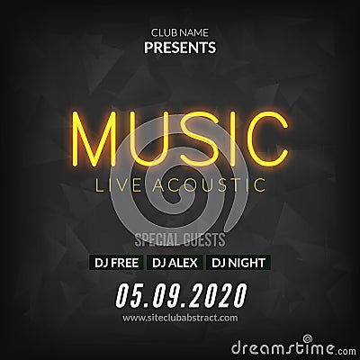 Neon Live Music Concert Acoustic Party Poster Background Template with neon text sign flyer Vector Illustration