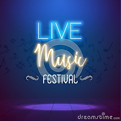 Neon Live Music Concert Acoustic Party Poster Background Template with spotlight and stage Vector Illustration