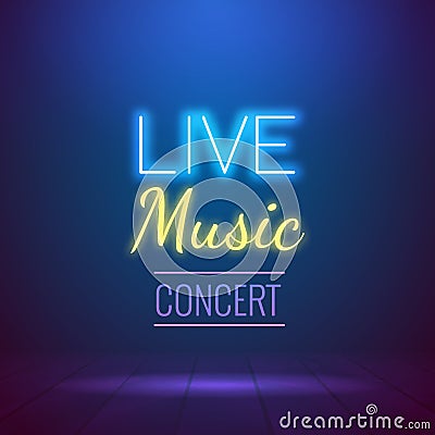 Neon Live Music Concert Acoustic Party Poster Background Template with spotlight and stage Vector Illustration