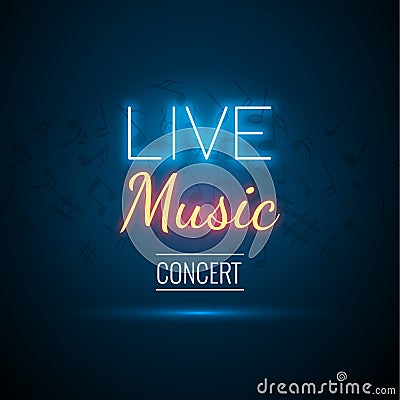 Neon Live Music Concert Acoustic Party Poster Background Template with spotlight and stage Vector Illustration