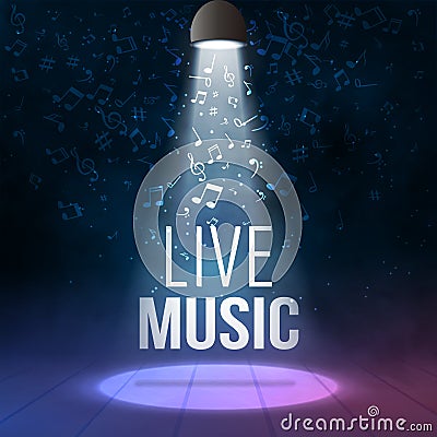 Neon Live Music Concert Acoustic Party Poster Background Template with spotlight and stage Vector Illustration