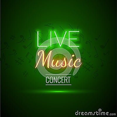 Neon Live Music Concert Acoustic Party Poster Background Template with text sign spotlight and stage. Vector Illustration