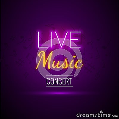 Neon Live Music Concert Acoustic Party Poster Background Template with text sign spotlight and stage. Vector Illustration