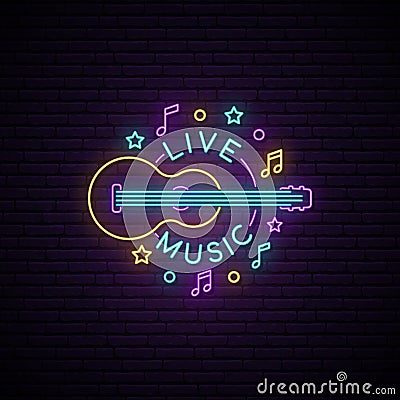 Neon Live Music sign. Vector Illustration