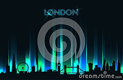 Neon London skyline detailed silhouette Vector Illustration