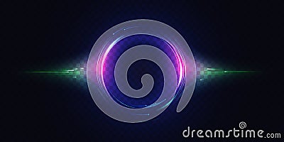 Neon luminous circle, light effect, glow of circular round element, abstract motion lines Vector Illustration
