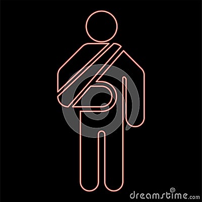 Neon man with broken arm hand gypsum injured stick using sticks person trauma concept elastic bandage on human immobilize support Vector Illustration