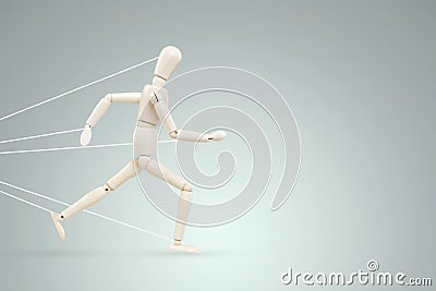 The neon marionette tied over the legs and arms fights and resists. Business difficulty or struggle with career obstacle concept, Stock Photo