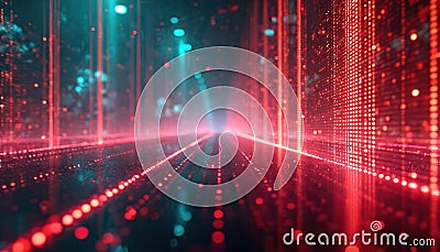Neon matrix digital cyberspace. Red, cyan datum streams in cyberpunk hologram abstract background. AI generated futuristic image Stock Photo