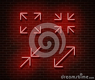 Neon maximize, minimize screen signs vector isolated on brick wall. Video player light symbol, decor Vector Illustration