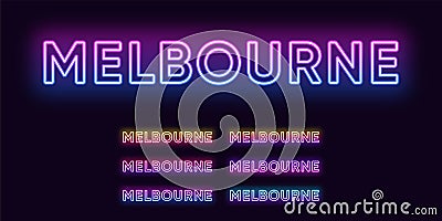 Neon Melbourne name, city in Australia. Neon text of Melbourne city Vector Illustration