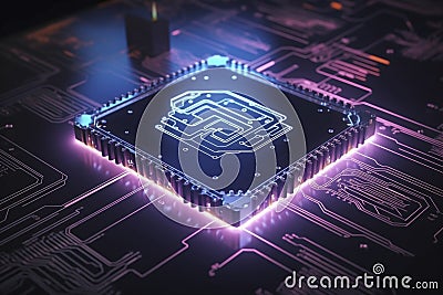 Neon microchip on circuit board, created with generative AI Stock Photo