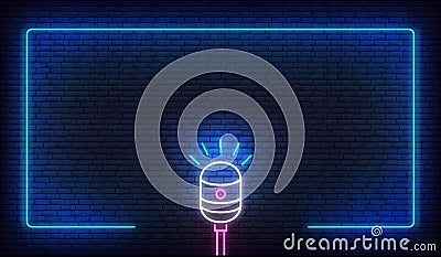 Neon microphone and border frame. Template for podcast, live music, stand up, comedy show Vector Illustration
