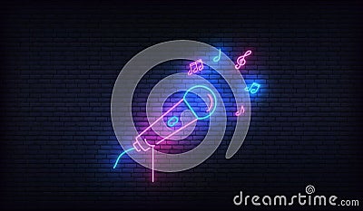 Neon microphone with music notes. Template for karaoke, live music, talent show Vector Illustration