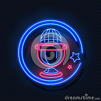 Neon microphone. Realistic light frame and voice recorder symbol with stars. Radio or audio studio. Fluorescent sign for Vector Illustration