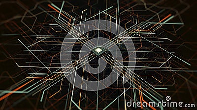Neon moving lines of computer circuit. Animation. Diagram of neural computer networks moving in cyberspace. Neon lines Stock Photo