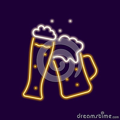 Neon mug of beer clinking with glass Vector Illustration