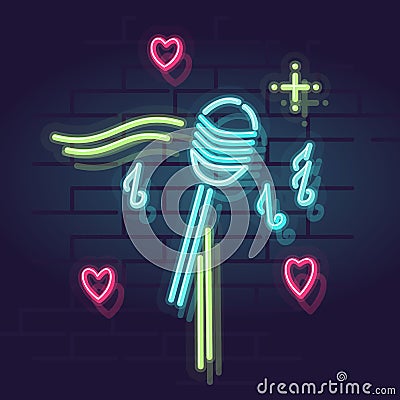 Neon music microphone. Night illuminated wall music show and karaoke sign or logo. Cartoon Illustration