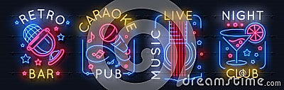 Neon music sign. Karaoke light logo, sound studio light emblem, night club graphic poster. Vector music bar neon label Vector Illustration