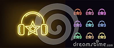 Neon music star icon. Glowing neon Dj star with headphones, fashion superstar Vector Illustration