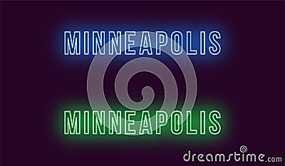Neon name of Minneapolis city in USA. Vector text Vector Illustration