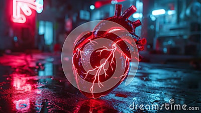 Neon natural heart in cyberpunk style. Red-pink illuminated human heart. Stock Photo