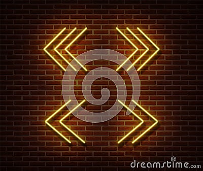 Neon navigation signs vector isolated on brick wall. Next, previous light symbol, decoration effect. Vector Illustration