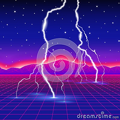 Neon new retro wave computer landscape with lightning Vector Illustration