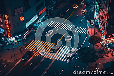 Neon night city Shibuya crossing in Tokyo. Generative AI Cartoon Illustration