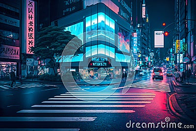 Neon night city Shibuya crossing in Tokyo. Generative AI Cartoon Illustration