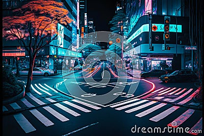 Neon night city Shibuya crossing in Tokyo. Generative AI Cartoon Illustration