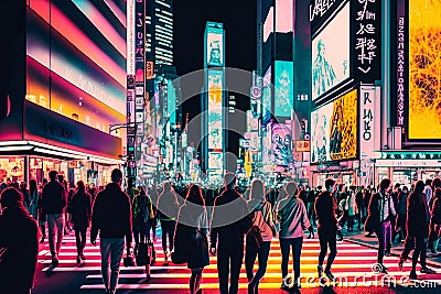 Neon night city Shibuya crossing in Tokyo. Generative AI Cartoon Illustration