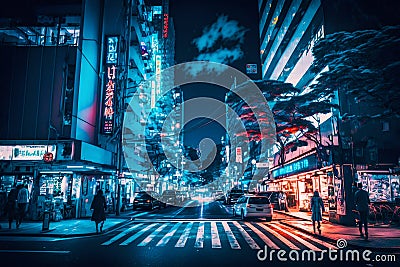 Neon night city Shibuya crossing in Tokyo. Generative AI Cartoon Illustration