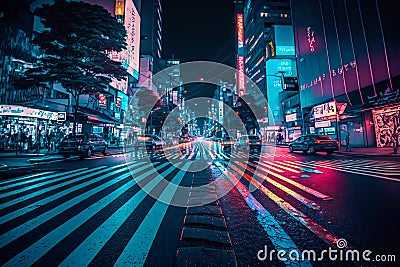 Neon night city Shibuya crossing in Tokyo. Generative AI Cartoon Illustration