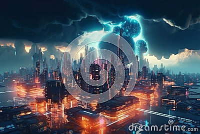 Neon City Envisioned: Transforming Urban Spaces with Cloud Computing Stock Photo