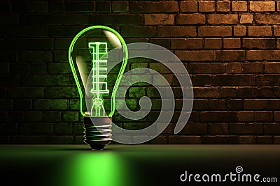 Neon nostalgia green lamp with a light bulb symbol, brick wall Stock Photo