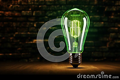 Neon nostalgia green lamp with a light bulb symbol, brick wall Stock Photo