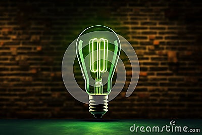 Neon nostalgia green lamp with a light bulb symbol, brick wall Stock Photo