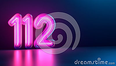 Neon Number 112 Glowing on Dark Background with Copy Space, Illuminated Number, 3D Rendering Stock Photo