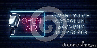 Neon open air signboard with microphone in restangle frame and alphabet. Open air with live speaking concert icon Vector Illustration