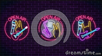 Neon open air signs collection with microphones, guitars and saxophone in round frame. Live music in open air icon. Vector Illustration