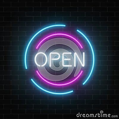 Neon open 24 hours and 7 days in circle frames sign on a brick wall background. Round the clock working store Vector Illustration