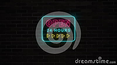 Neon open 24 hours sign with yellow arrows on grunge brick wall. Stock Photo