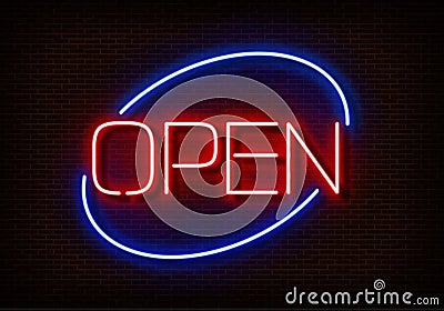 Neon Open sign light vector isolated on dark red brick wall. Night frame light decoration. Realistic Vector Illustration